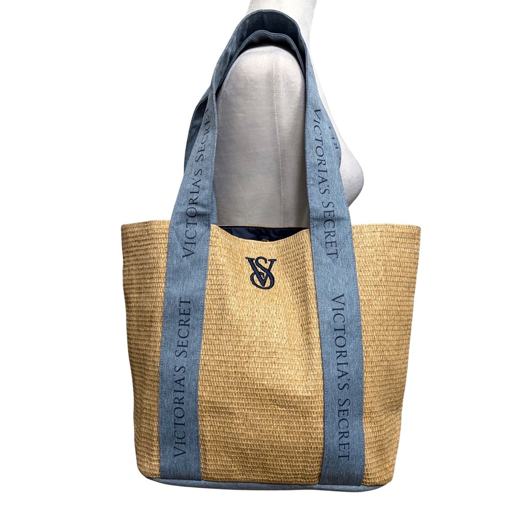 Victoria's Secret Tan Blue Tote Woven‎ Straw Denim Logo Women's OS